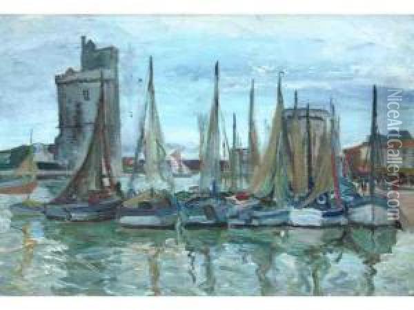 Filets Sechant Aux Mats Dans Le Port De La Rochelle Oil Painting - Paul Morchain