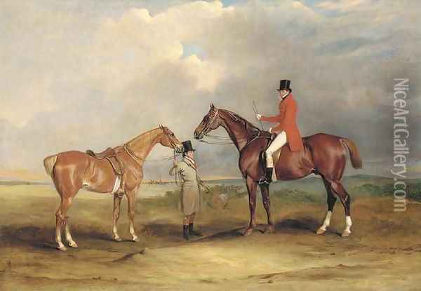 Portrait of John Drummond on a hunter, with a groom holding his second horse, in a landscape, a hunting party beyond Oil Painting - John Snr Ferneley