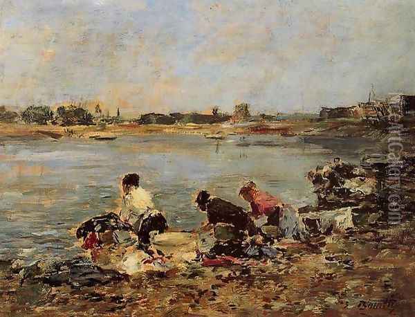 Laundresses on the Banks of the Touques I Oil Painting - Eugene Boudin