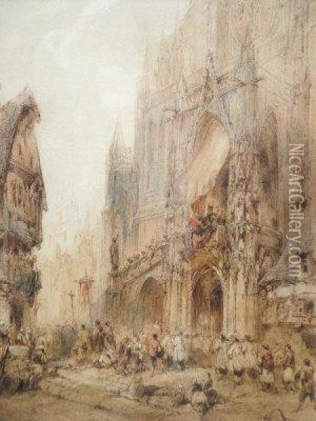 Procession Before A French Cathedral Oil Painting - Paul Marny