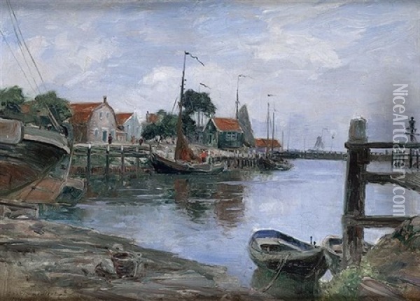 Vue D'un Port En Hollande Oil Painting - Gaston Marie Anatole Roullet