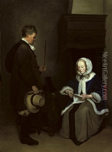 An Elegant Lady Reading A Letter With A Man Standing By Oil Painting - Gerard ter Borch the Younger