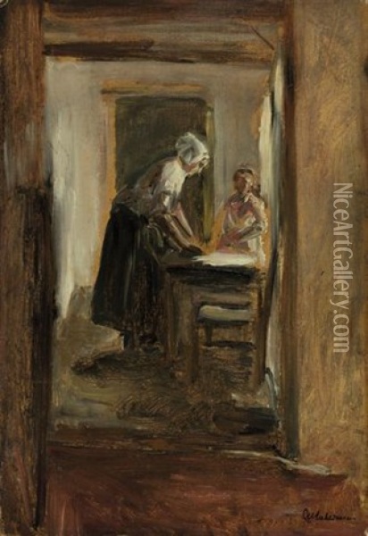 Interieur Mit Bugelnder Frau Und Kind Oil Painting - Max Liebermann