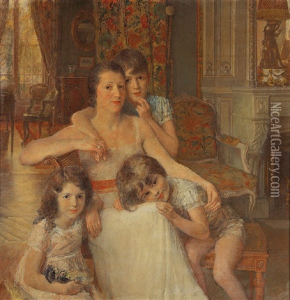 Portrait De Madame Dans Son Salon Avec Ses Enfants Oil Painting - Francois Joseph Guiguet