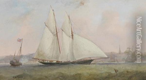 A Two-masted Racing Schooner At The Starting Gun Off Ryde Oil Painting - Arthur Wellington Fowles