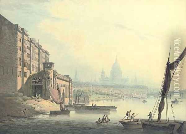 View of the Thames, from Somerset House with St Paul's Cathedral in the distance, London Oil Painting - Francis Nicholson
