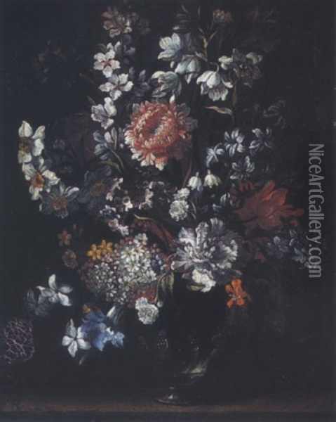 Still Life Of Chrysanthemums, Hyacinths And Other Flowers In A Glass Vase Oil Painting - Jean-Baptiste Monnoyer