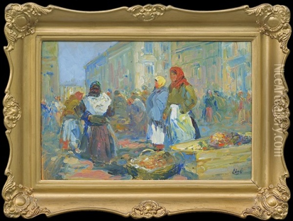 Open-air Market In Lwow Oil Painting - Erno Erb