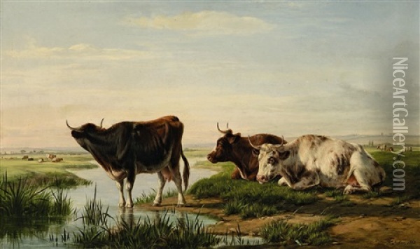 Kuhe Auf Der Weide Oil Painting - William Luker Sr.
