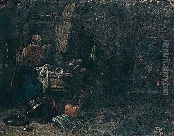 Domestic Interior With A Figure Sweeping, A Maid Spinning By A Fire Beyond Oil Painting - Willem Kalf