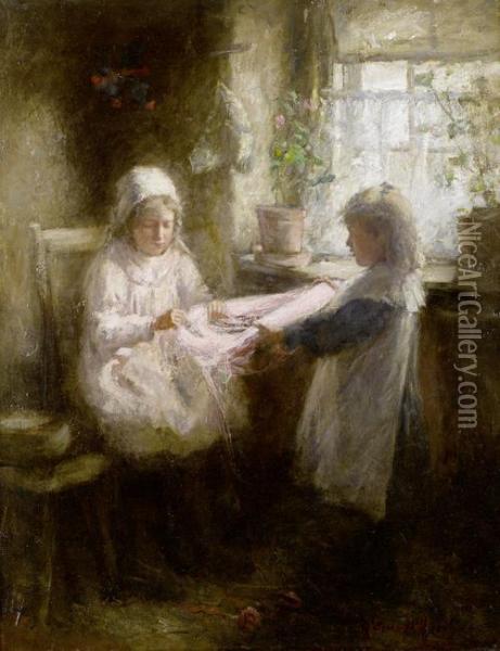 Girls Knitting Oil Painting - Robert Gemmell Hutchison