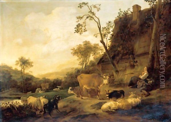 An Italianate Landscape With Figures And Their Animals Beside A Cottage Oil Painting - Nicolaes Berchem