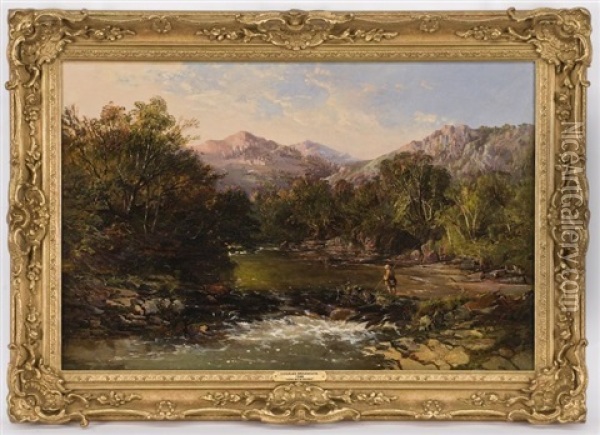 Angler By A River In An Alpine Landscape Oil Painting - Charles Branwhite