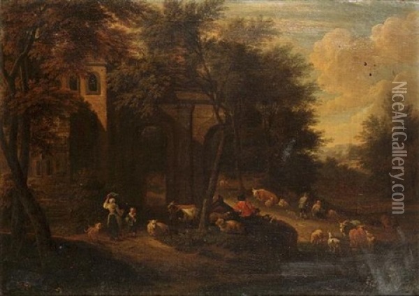 Shepherds And Shepherdesses Resting And Watering Their Livestock Beside A Ruined Manor House In A Wooded Landscape Oil Painting - Adriaen Frans Boudewyns the Elder