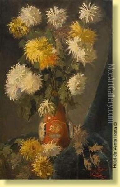 Vase Fleuri De Chrysanthemes Avec Coccinelle Oil Painting - Jules Ernest Cran