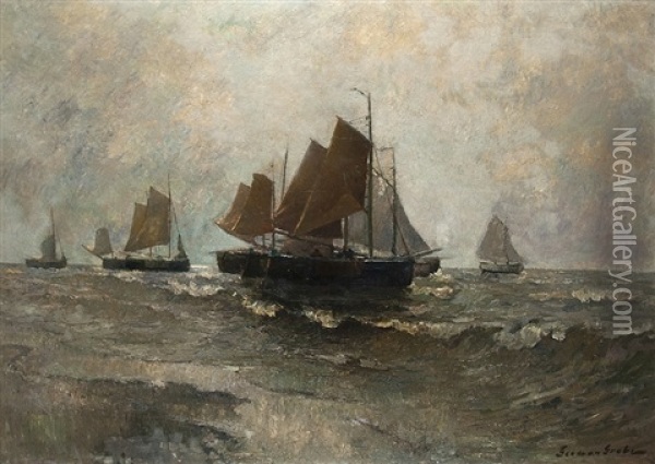 Fisher Boats Setting Sail Oil Painting - German Grobe