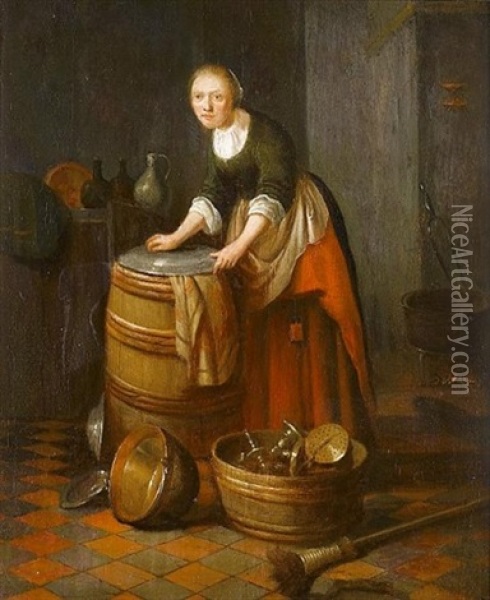 A Kitchen Interior With A Young Woman Polishing Brass Oil Painting - Jacob van Spreeuwen