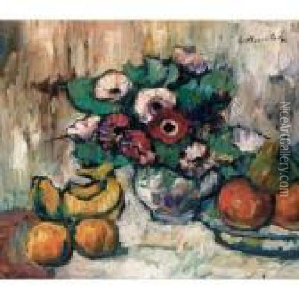 Still Life With Anemones And Fruit Oil Painting - George Leslie Hunter