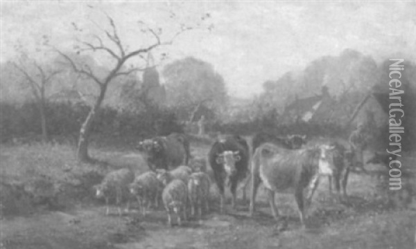 Weidende Kuhe Und Schafe Oil Painting - James Desvarreux-Larpenteur