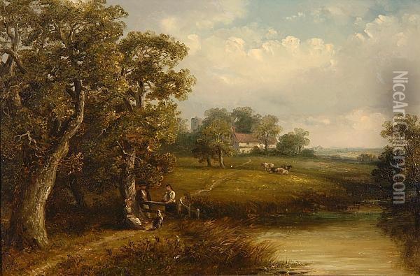 Figures Beneath An Oak Tree With Church And Farm Beyond Oil Painting - Thomas Smythe