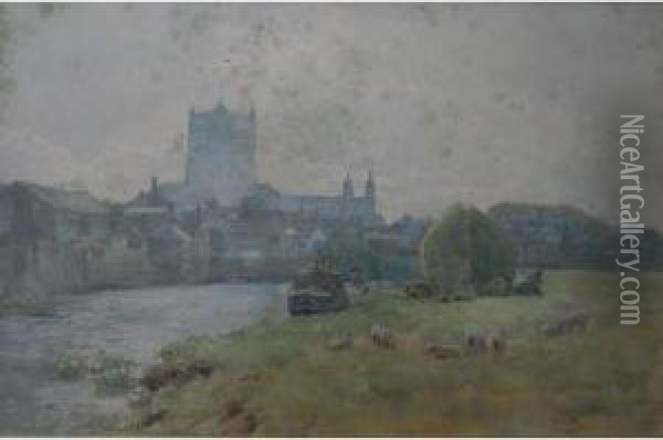 Tewkesbury Across The Avon Oil Painting - Wilmot Clifford Pilsbury
