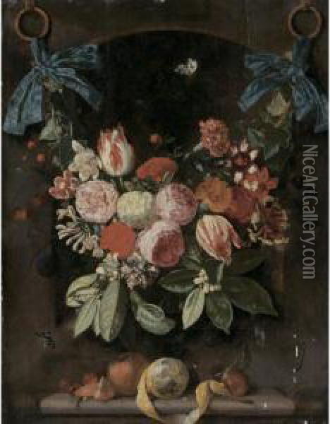A Festoon Of Flowers Suspended 
By Blue Ribbons Before A Niche, With A Peeled Lemon, Cherries, An Orange
 And A Plum Resting On A Ledge Below Oil Painting - Carstiaen Luyckx
