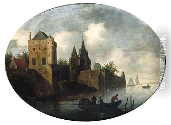 A fortified town on a river, with fishermen in a rowing boat, on a cloudy day Oil Painting - Frans de Hulst
