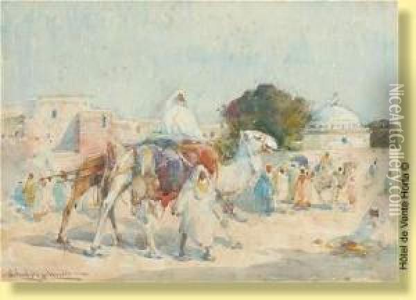 L'arrivee De La Caravane (orientaliste) Oil Painting - Edward Aubrey Hunt