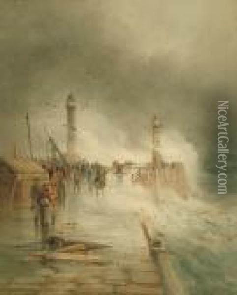 Whitby Pier With Fisherfolk And Other Figures Oil Painting - Frederick William Booty