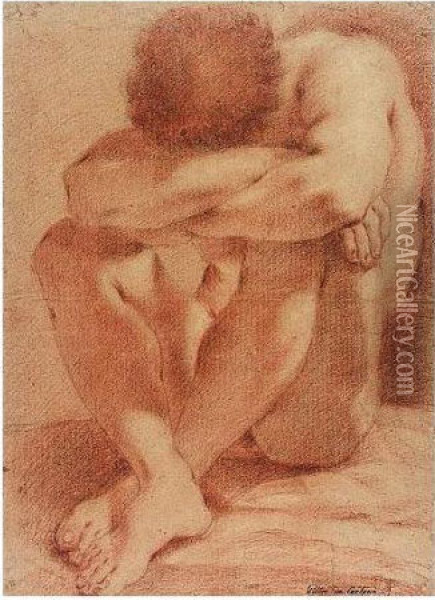 A Male Nude Seated, His Knees Drawn Up And His Head Resting On His Crossed Arms Oil Painting - Domenico Maria Canuti