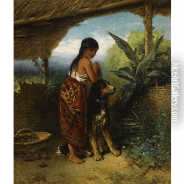 A Javanese Girl Tending To Her Dog Oil Painting - Mari ten Kate