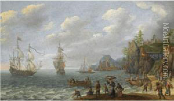 A Coastal Landscape With Two Dutch Merchant Ships And Otherbarges In Choppy Waters Off The Coast, Fishermen Unloading Theircatch In The Foreground, A Hill Top Town Beyond Oil Painting - Isaac Willaerts