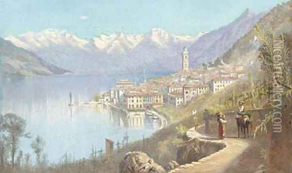 Peasants on a track above an Italianate lakeside town Oil Painting - Italian School