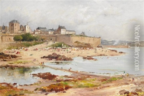 La Plage A St. Malo Oil Painting - Maurice Levis