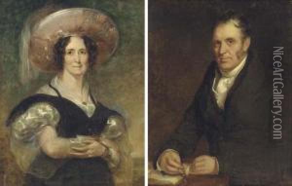 Portrait Of A Gentleman, 
Half-length, In A Black Coat, Holding His Spectacles And A Book; And 
Portrait Of A Lady, Half-length, In A Black And White Dress And 
Feathered Hat, In A Landscape Oil Painting - William Owen