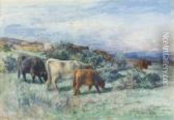 Highland Cattle Grazing On A Hillside Oil Painting - Joseph Denovan Adam