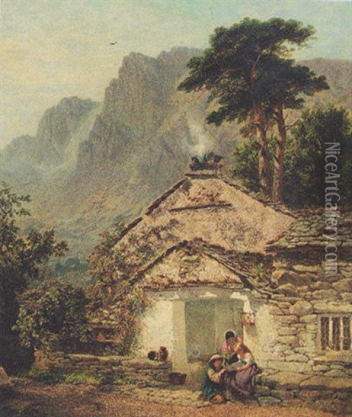 Children Before A Cottage In A Mountainous Landscape Oil Painting - Joseph Paul Pettitt