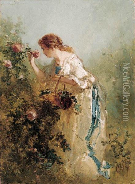 An Elegant Lady Picking Roses Oil Painting - Charles Rochussen