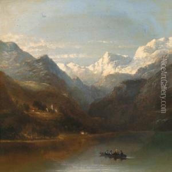 Crossing A Mountain Lake Oil Painting - James Poole