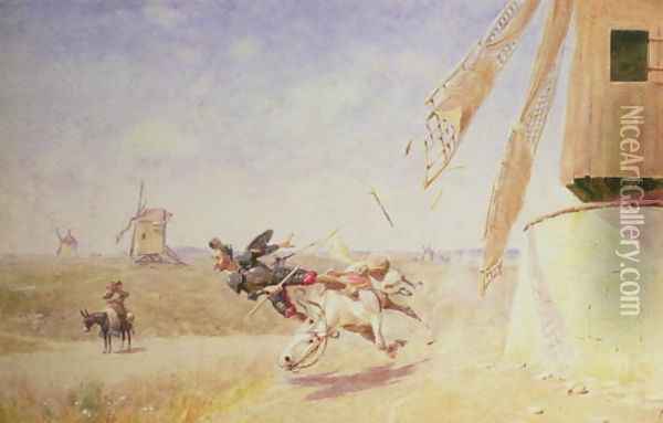 Don Quixote and the Windmill Oil Painting - Francisco J. Torrome