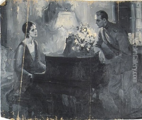 Woman At Piano Speaking To Soldier Oil Painting - Walter G. Ratterman