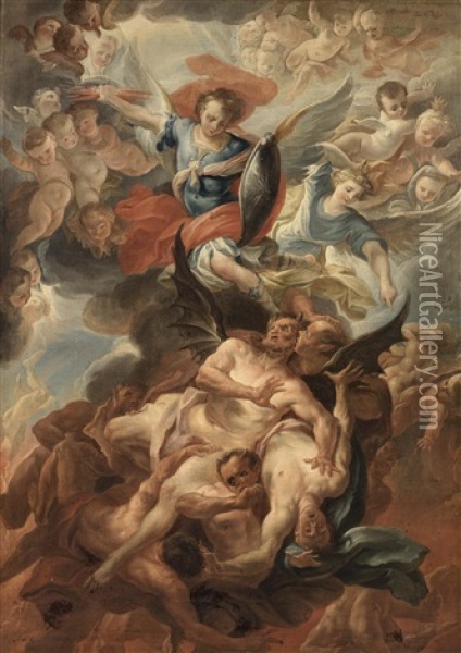 Saint Michael Defeating The Devil Oil Painting - Carlo Innocenzo Carlone