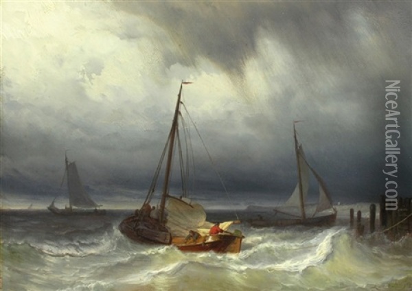 Fischerboote In Sturmischer See Oil Painting - Johan Hendrik Meyer