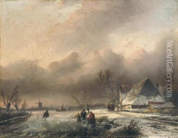 A Dutch Winter Landscape With Villagers On The Ice Oil Painting - Jan Jacob Coenraad Spohler