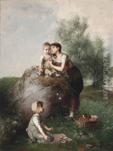 Picking Flowers At The Picnic Oil Painting - Emil Keyser