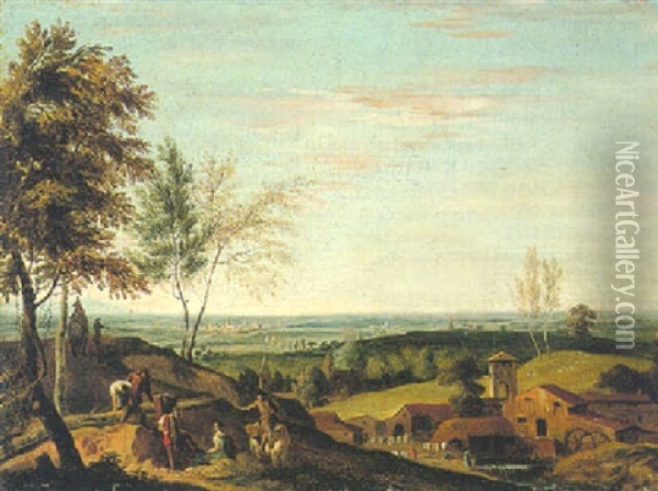 An Open Landscape With Washerwomen By A Watermill And Travellers On A Hilltop Track Oil Painting - Marco Ricci