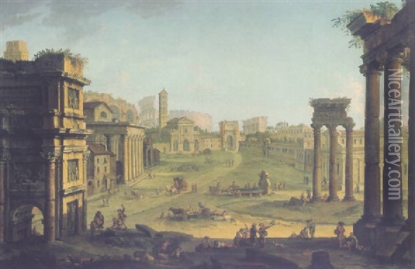 Rome, A View Of The Campo Vaccino Looking Toward S. Francesca Romana And The Arch Of Titus, The Colosseum In The Distance Oil Painting - Antonio Joli