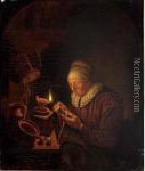 An Elderly Lady Mending A Spool By Candle Light Oil Painting - Gerrit Dou