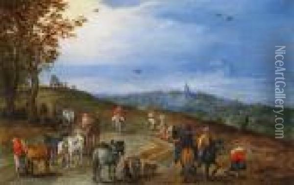 Weite Landschaft Mitpferdekarren, Reitern Und Wanderern Oil Painting - Jan The Elder Brueghel