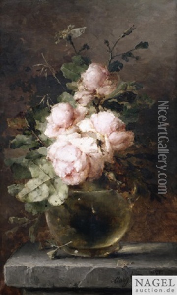 Stilleben Mit Rosafarbenen Rosen In Einer Glasvase Auf Steinpodest Oil Painting - Margaretha Roosenboom